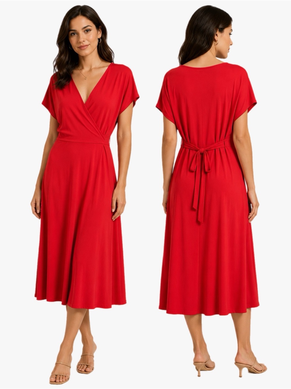 Old Navy Plus Size XXL Red Orange Wrap Dress Midi Short Sleeve Stretch Casual